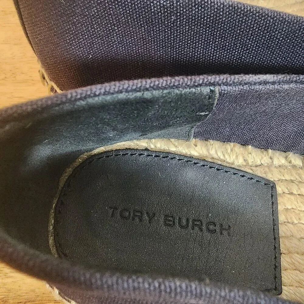 Tory Burch Shoes Womens Size 8 Navy Black Espadrille Flats Leather Cap Toe Logo
